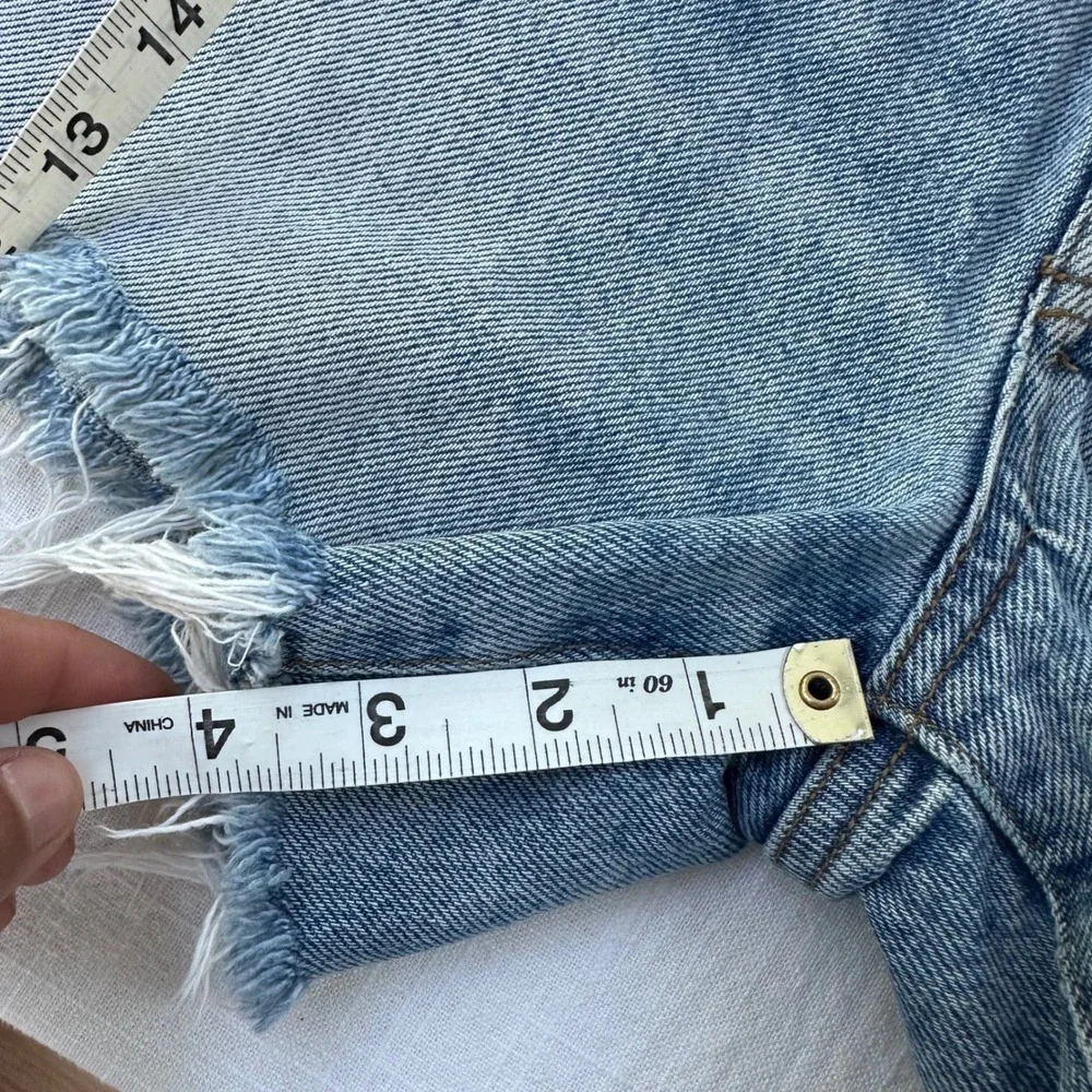 AGOLDE Parker Long High Rise Denim Shorts Skyewave Blue Raw Hem 24